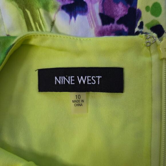 Nine West Dress Womens 10 Chartreuse Lime Green Purple Floral Fit & Flare Pleate - Picture 6 of 9